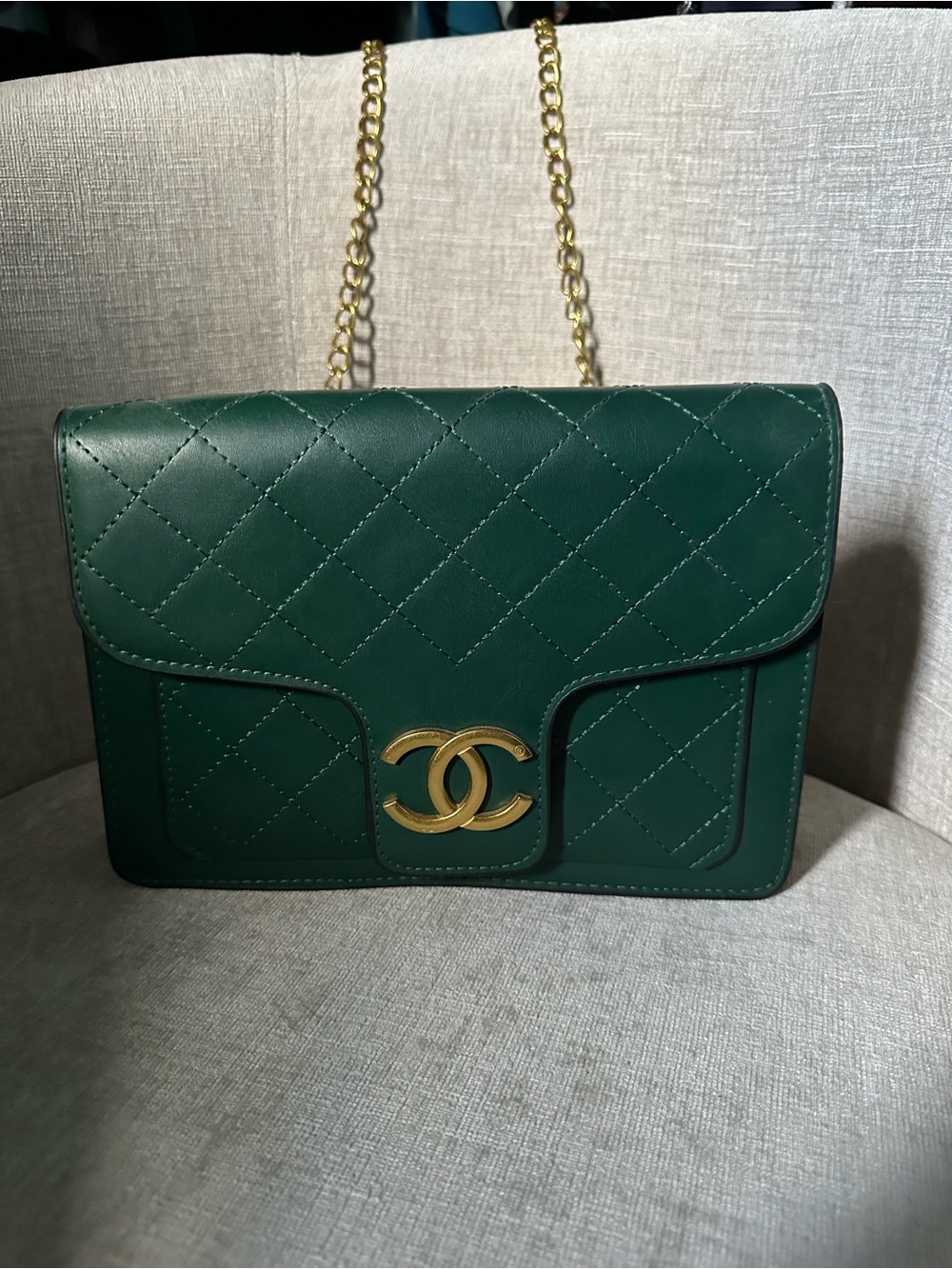 Quilted Flap Shoulder Bag in Dark Green with Gold Hardware